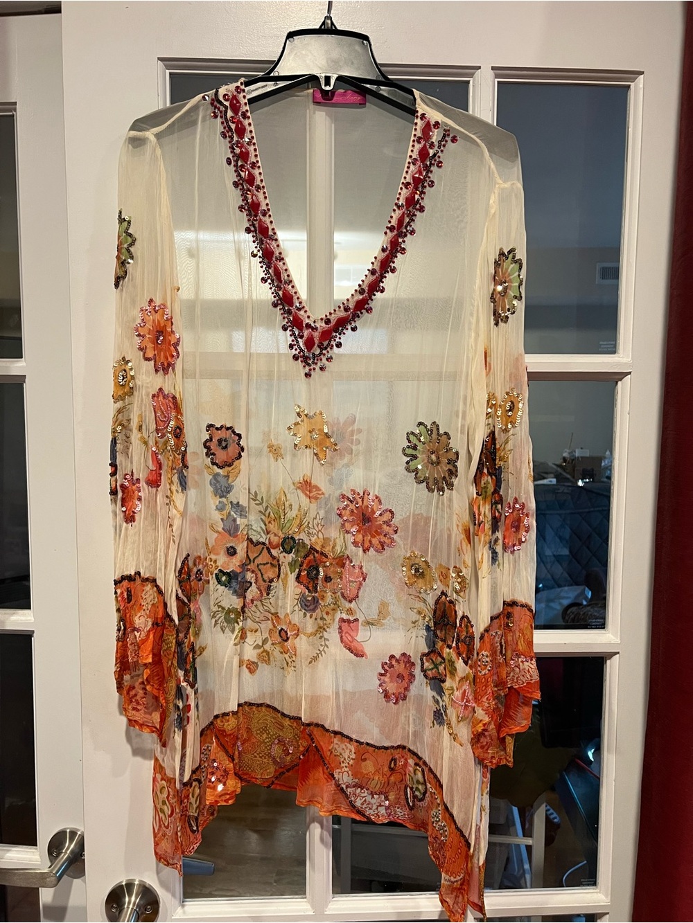 Anthropologie Narcisa Lang Sheer Floral Tunic with Orange and Red Embroidery